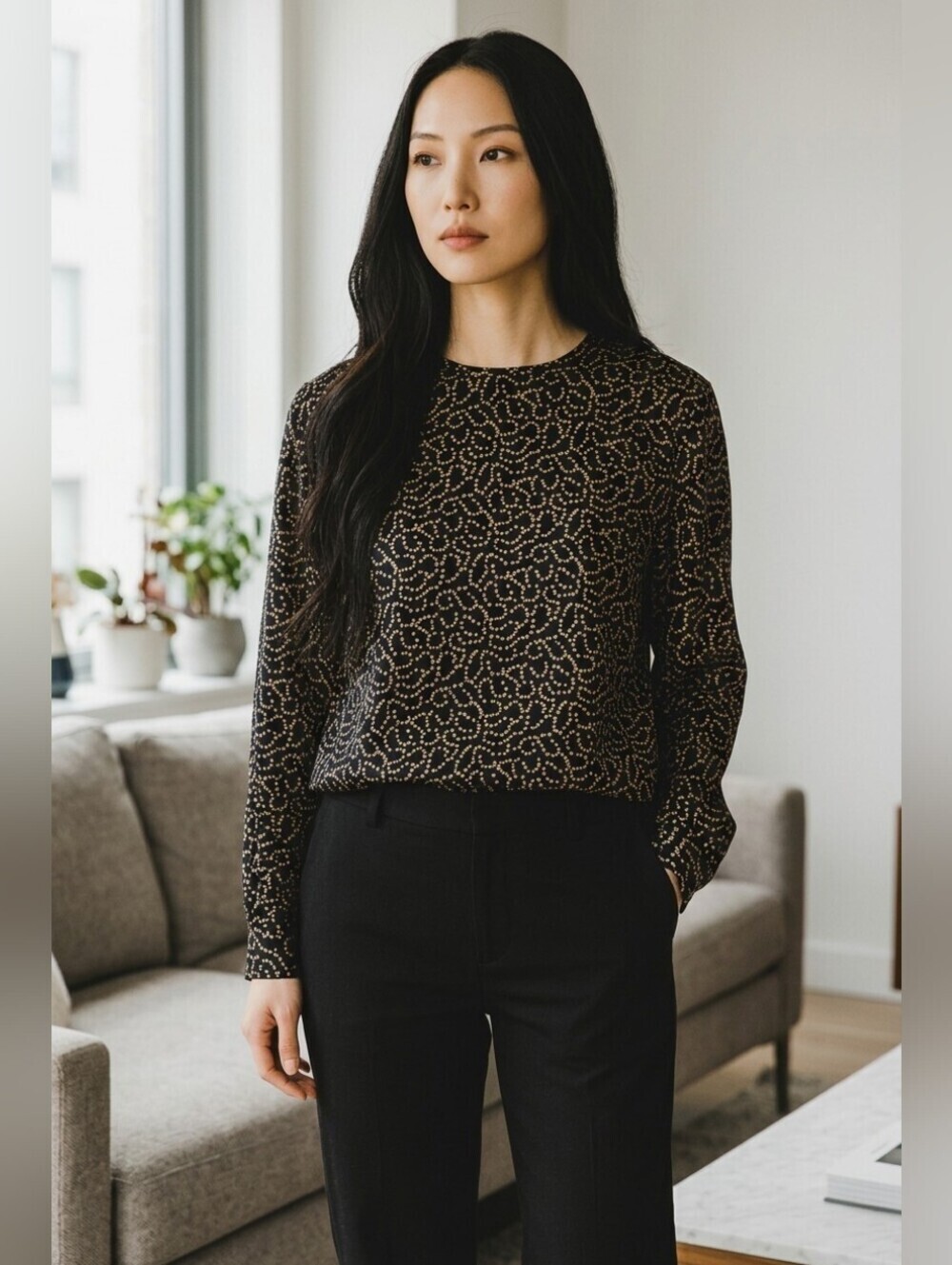 Vintage Anne Klein Black and Gold Silk Blouse